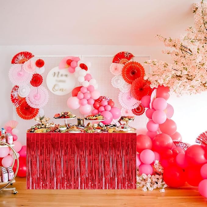 BEISHIDA 2 Pack Red Table Skirts Party Decorations Metallic Tinsel Foil Fringe Decors for Rectangle and Round Table Birthday Valentines Chinese New Year Graduation Congrats 2025 Party