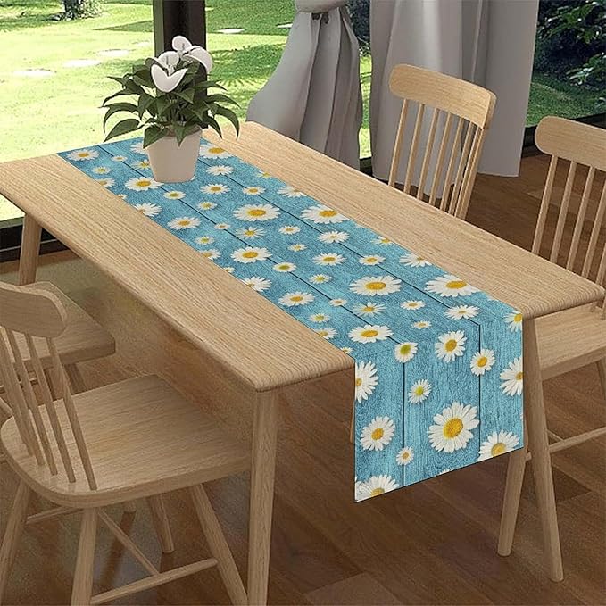 Daisy Floral Table Runner, Spring Seasonal Summer Wild Flower Rustic Country Farmhouse Table Center Decor for Home Kitchen Dining Patio Holiday Party Indoor Outdoor Table Decorations, 13"x72" Inch