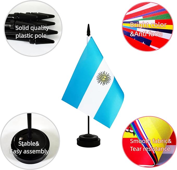 2 Pack Argentina Desk Flag, Argentinian Table Office Flag with Solid Pole and Stand Base, International Country Flag, Festival Celebration, Classroom Meeting Desktop Decoration (Argentina)