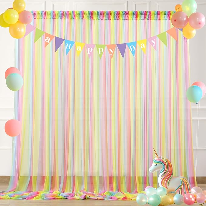 Rainbow Tulle Backdrop Curtain for Birthday Party10ft x 8ft Rainbow Sheer Backdrop Curtains for Unicorn Birthday Baby Shower Girls Photo Shoot Decorations 2 Panels 5ft x 8ft