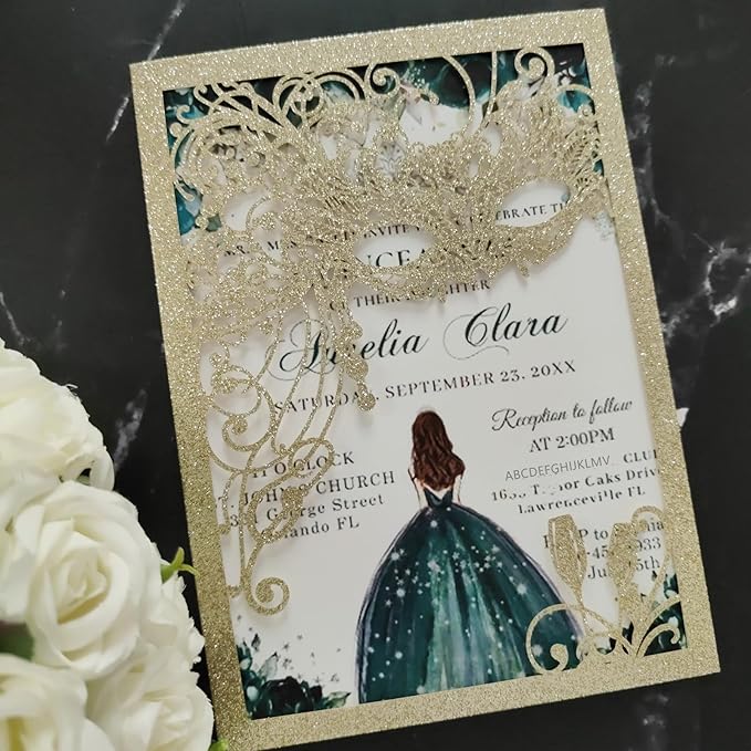 20PCS Masquerade Invitations, masquerade wedding invites, laser cut invitation pockets for quinceanera,xv,16 birthday,bridal shower,wedding,Anniversary,holiday party,etc. (glitter light gold)