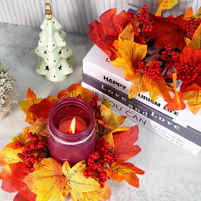 Fall Mason Jar Centerpieces for Tables – Thanksgiving Table Decorations with Autumn Leaves & Berries, Autumn Candle Holder Wreath Rings, Fall Taper Candle Rings for Dining Table