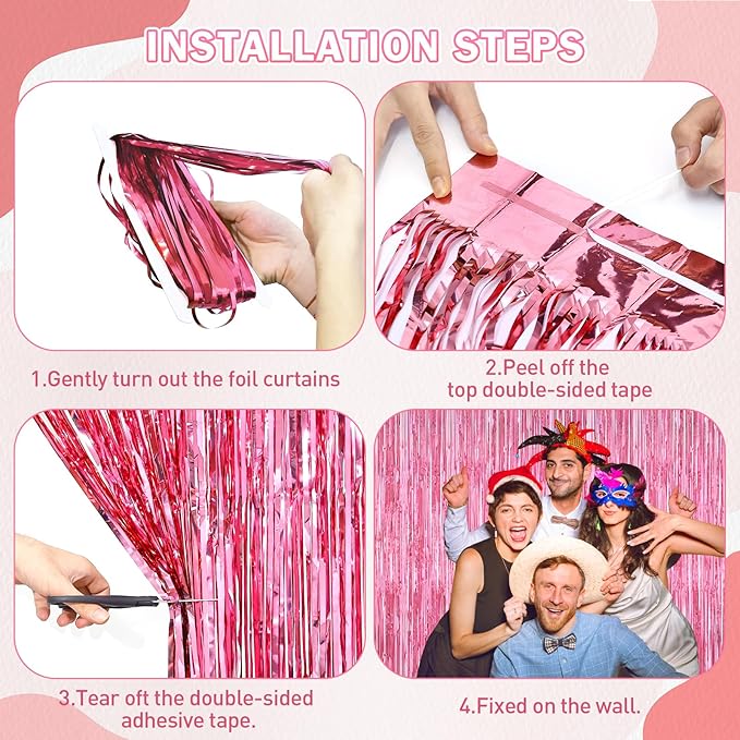 Pink Party Decorations, 2Pack Glitter Pink Backdrop, Metallic Tinsel Backdrop Fringe Curtains Backdrop Curtains, Photo Backdrop Party Supplies Wedding Engagement Christmas Birthday Party Decorations