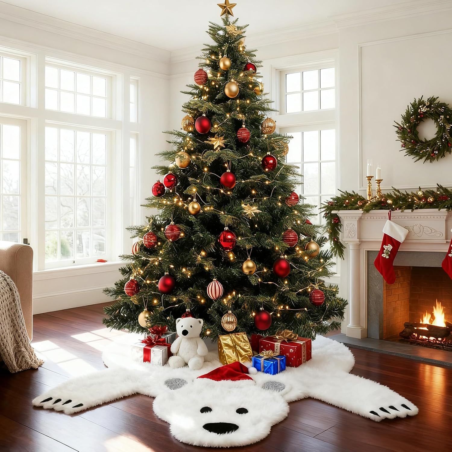 AerWo 48 Inch Christmas Tree Skirt, Faux Fur Polar Bear White Tree Skirt for White Christmas Decorations Indoor Party Holiday Xmas Home Decor
