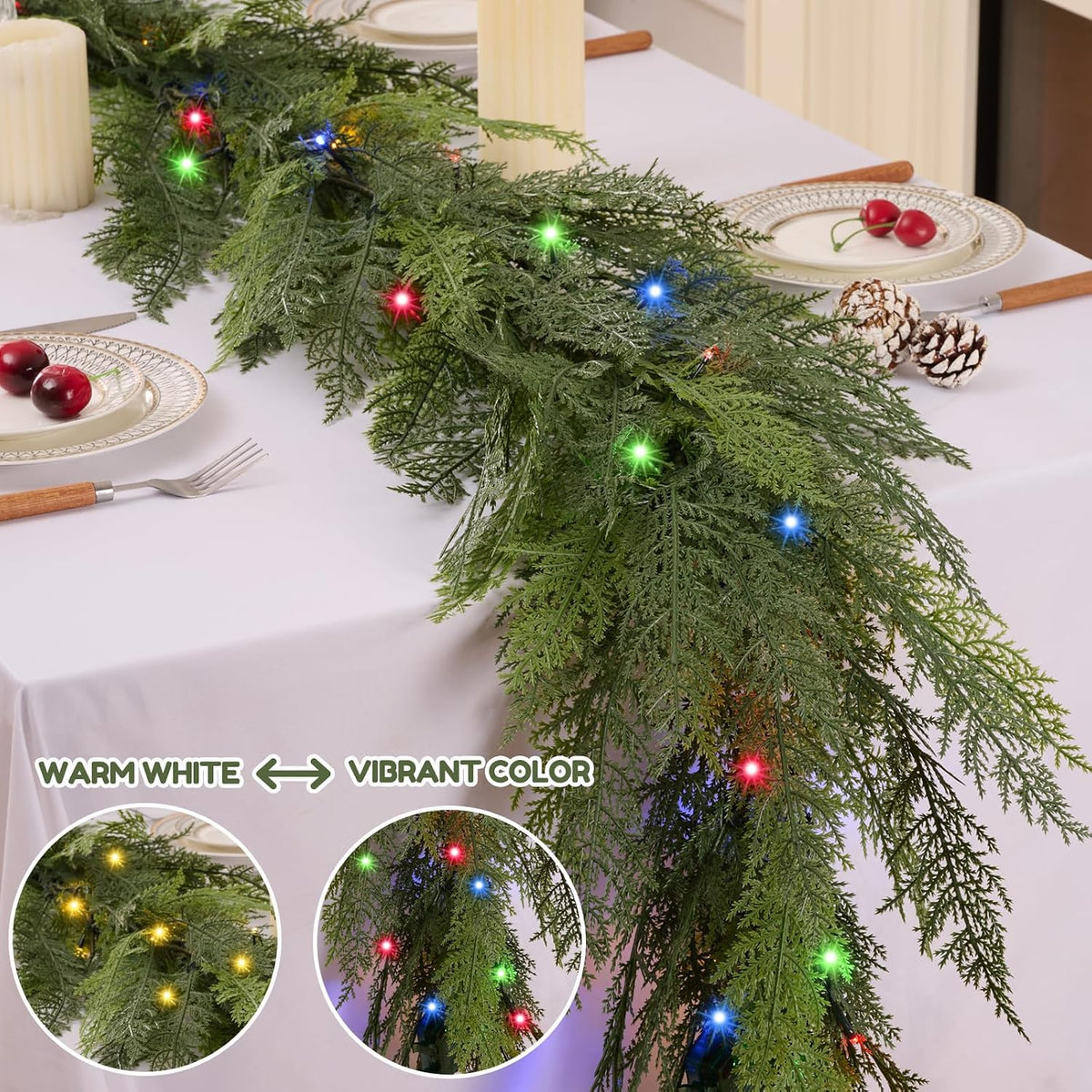 12ft 1pcs prelit realistic faux pine cedar garland, side view