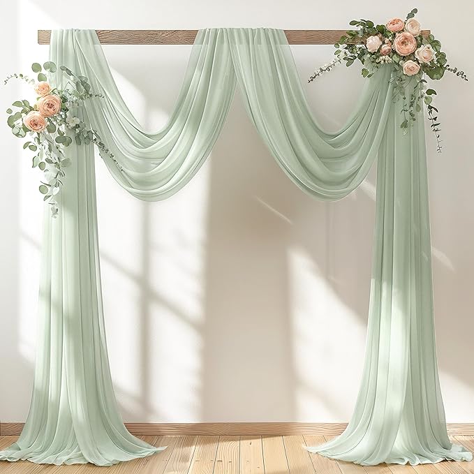 30" x 20Ft Wedding Arch Draping Fabric, 2 Panels Sage Green Sheer Curtain Drapes Extra Wide & Long Backdrop Curtains for Wedding Arch Ceremony Birthday Party Decorations