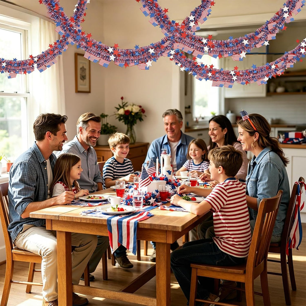 Yuubin 4th of July Garland American Flags Star Tinsel Patriotic Red White and Blue Garland Independence Day Decoration,for Memorial Day Home Indoor Outdoor Party Stairs Fireplace Golf Cart Decor