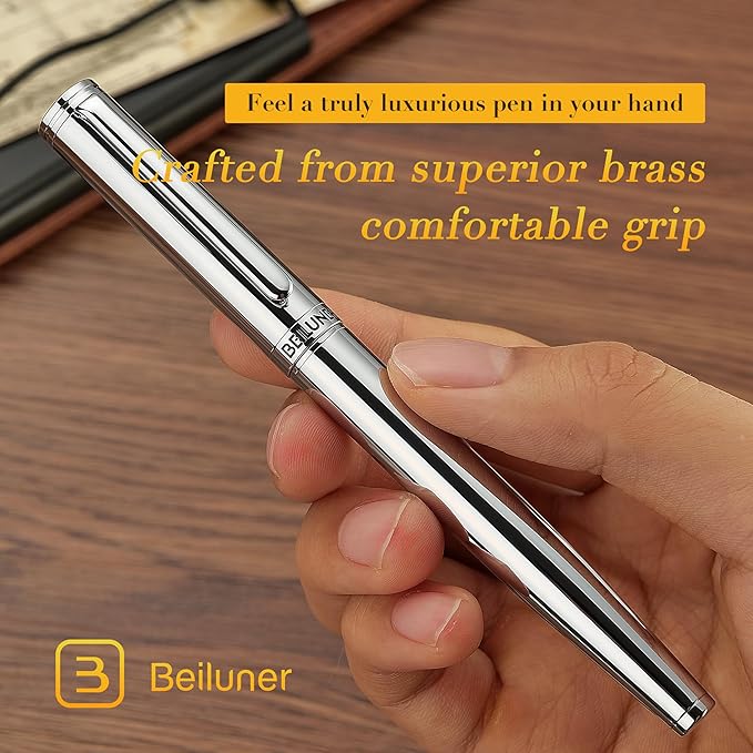 BEILUNER Silver Fountain Pen,Stunning Luxury Pens with Bright Silver Chrome, Gorgeous 24K Gilded Nib(Fine),Gift Pen Set for Men&Women -Ink Converter-Elegant, Professional, Nice Pen for Writing