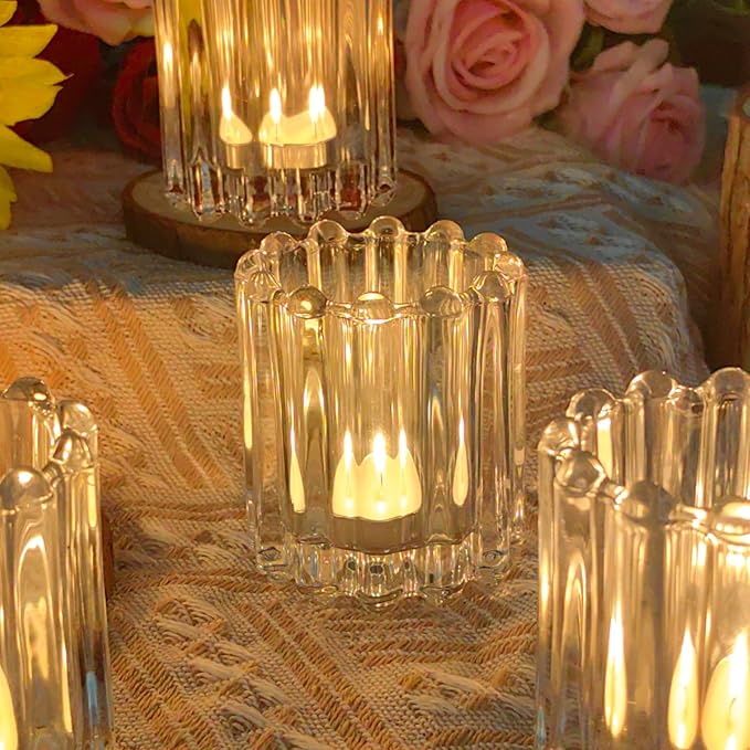 GOLDEAL 12Pcs Clear Glass Votive Candle Holders Tealight Holders Decorative, Tea Candle Holders Bulk,Candlestick for Wedding, Party,Dinner, Home Table Decor.
