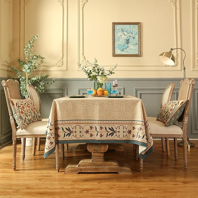 patdrea Designer Linen Extra Long Tablecloth for Rectangle Table,Beige Anti-Wrinkle Durable Floral Farmhouse Table Cloth,Decor Covers for Kitchen Dining,Christmas,Thanksgiving,63"x110"-Fram