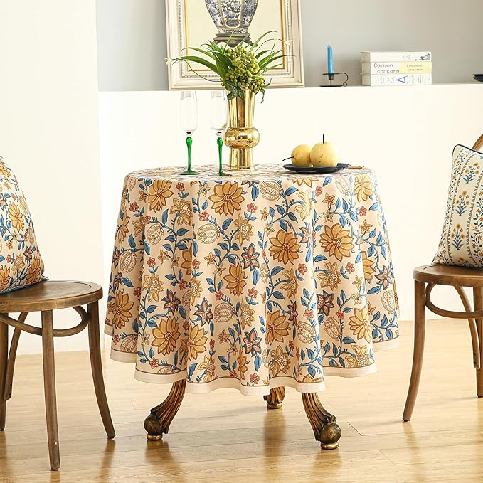 ISAENNE Designer Bohemian Floral Round Tablecloth,Linen Colorful Table Cloth,Wrinkle Resistant Decor Tablecloths for Dining Thanksgiving Kitchen Party Christmas,Diameter 67"-Estevan B