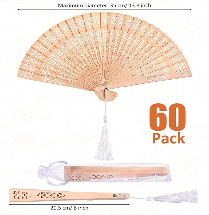 Qunclay 60Pcs Wooden Hand Fans Folding Wedding Fans for Guest Chinese Hollow Pattern with White Tassel and Gift Bag for Wedding Bridal Shower Birthday Party Favors Gift and Home Decor(Delicate Style)