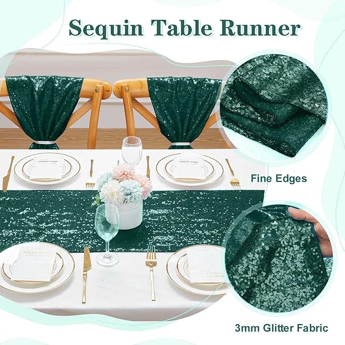 Sequin Table Runners 10 Pieces Emerald Green Table Runners 12x72 Inch Glitter Dining Table Cover for Party Wedding Birthday Reception Banquet Decoration Spring Party Chair Sashes