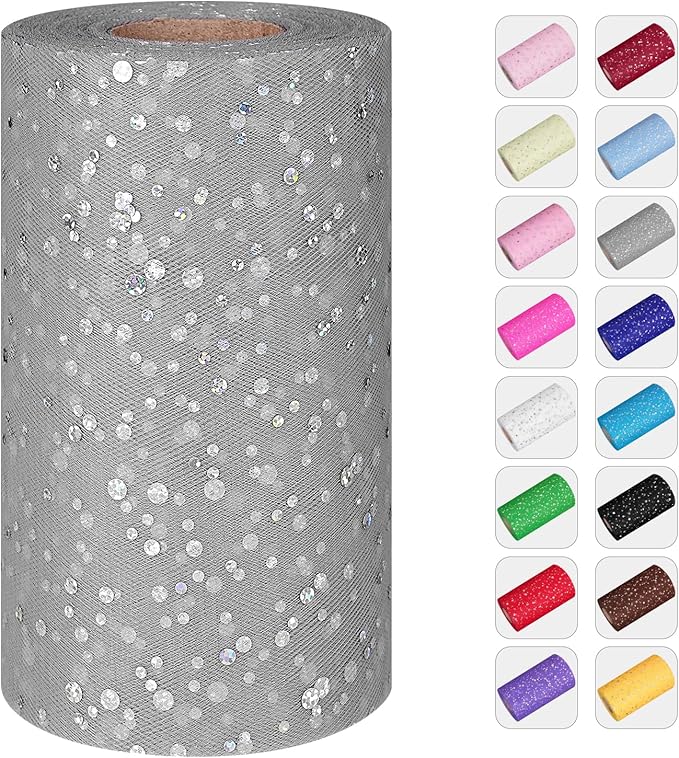Glitter Tulle Rolls, 6” by 50 Yards (150FT) Sequin Tule Netting Fabric Tulle for Tutu Skirts Sewing Birthday Wedding Party Decoration (Sliver)