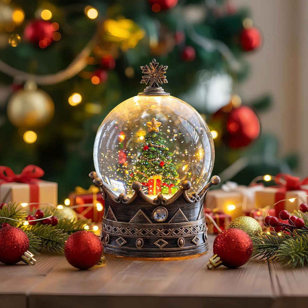 Snow Globe Lighted Christmas Decorations, Christmas Tree Musical Crown Snow Globe with Swirling Glitter, Christmas Holiday Party Gifts and Decorations