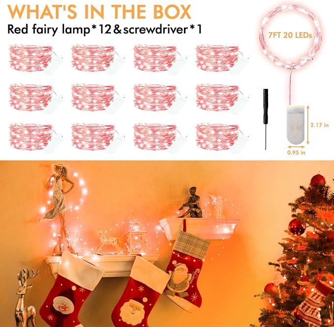 12 Pack Fairy Lights Battery Operated String Lights，7FT 20LED Waterproof Silver Wire Christmas Lights Outdoor,Firefly Mini Lights for Bedroom Party Birthday Wedding Home Decor