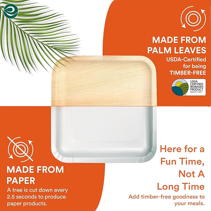 ECO SOUL Compostable 7 & 10 Inch Palm Leaf Square Plates (200 Count) Like Bamboo Plates | Biodegradable | Eco-Friendly, Microwave & Oven Safe - Party Pack