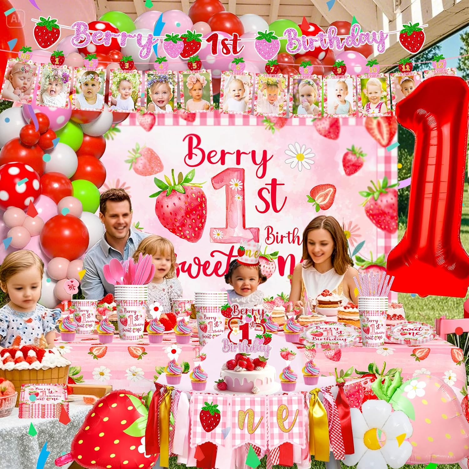 Strawberry first Birthday Decorations for Girls Berry Sweet One Strawberry 1st Birthday Decor Party Supplies include Photo Banner Highchair Banner Crown Balloon Boxes Backdrop Tableware Set