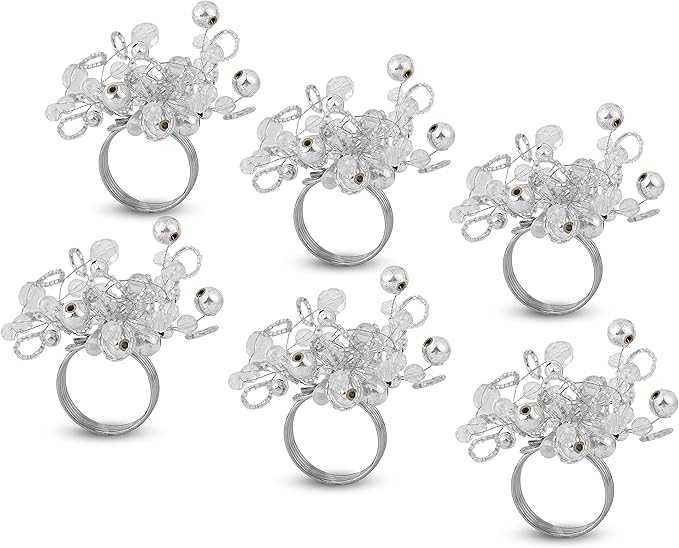 Decorative Napkin Ring Set of 12 - Handmade Glass Beads Napkin Holders for Table Setting Elegant Dining Accessory Round Heavy Duty Metal Frame Wedding & Party Table Décor (Silver) - CLEENTABLE