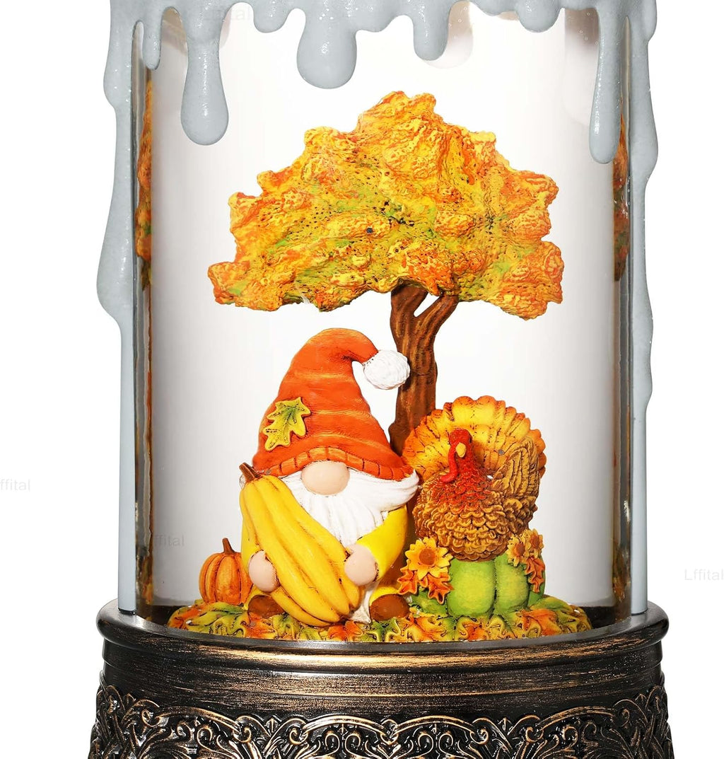 Fall Snow Globe Lantern Fall Decor Candle Shape with Gnome and Turkey, Lighted Thanksgiving Decorations with Timer Swirling Glitter for Tabletop Autumn Festival Harvest Day