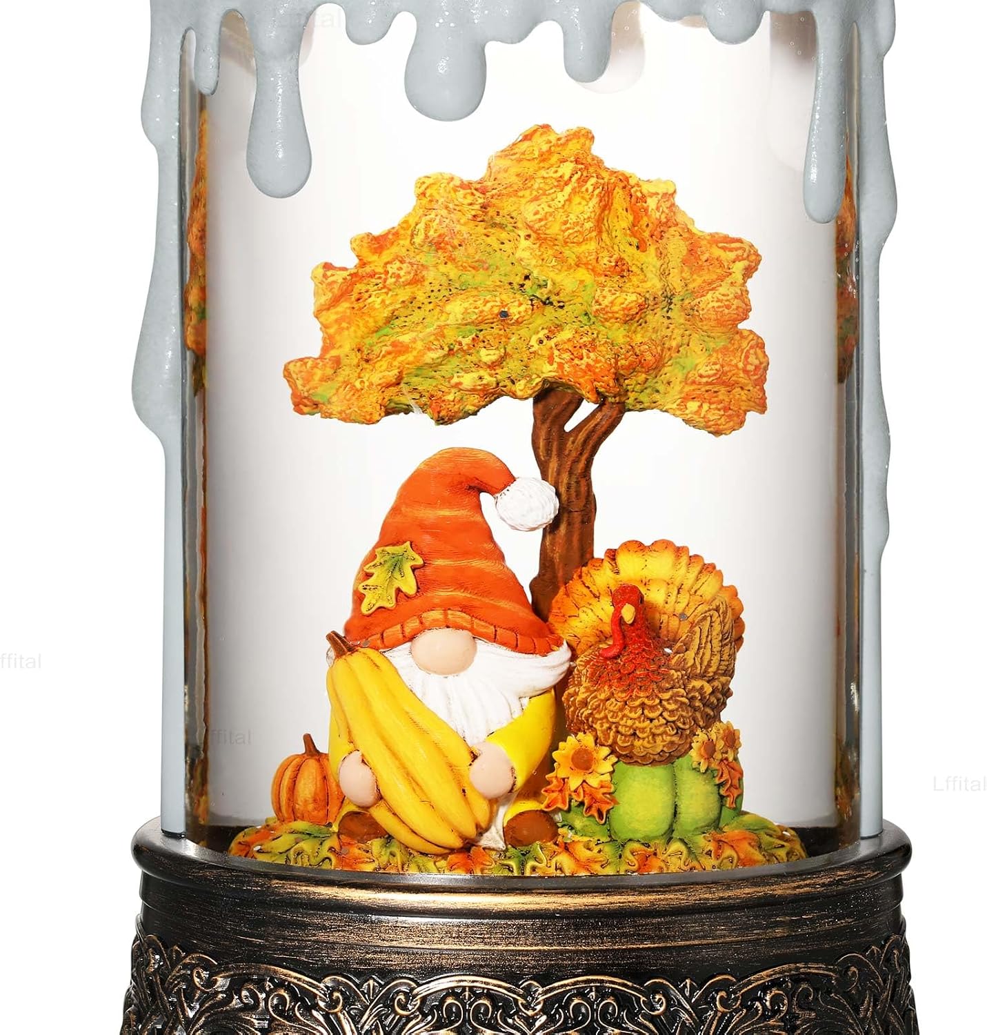 Fall Snow Globe Lantern Fall Decor Candle Shape with Gnome and Turkey, Lighted Thanksgiving Decorations with Timer Swirling Glitter for Tabletop Autumn Festival Harvest Day
