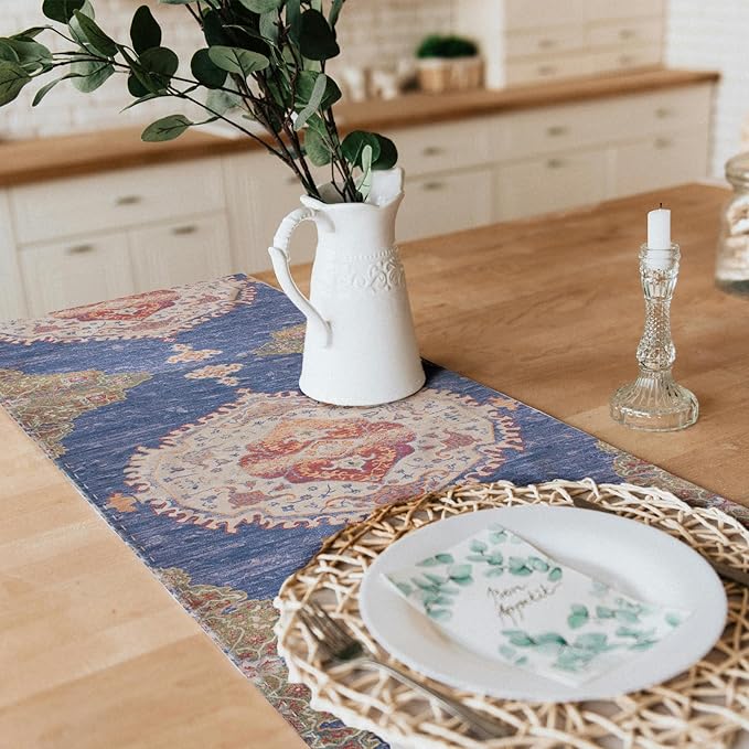 Snycler Table Runner Boho Table Runners Vintage Elegant Farmhouse Table Center Linen Decor for Home Dining Party Entrance (13x48 Inch) Navy Blue