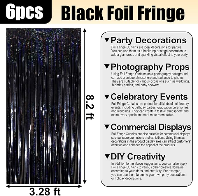 6 Pack Black Foil Fringe Curtain Backdrop, 3.28Ft x 8.2Ft Metallic Tinsel Foil Fringe Streamer Curtains for Photo Booth, Birthday, Wedding, New Year Party Decorations
