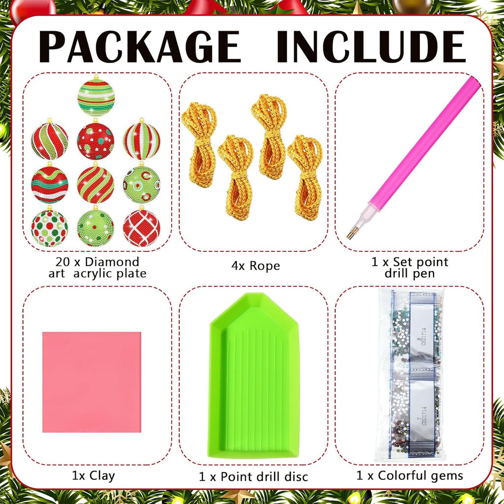 Realspring 20 Pieces Christmas Ball Diamond Art Ornaments Lime Green and Red Diamond Painting Tree Decorations 5D Hanging Xmas Diamonds Art DIY Christmas Kits for Adults Crafts Party Favors
