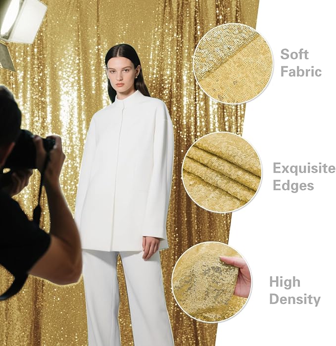 Gold Sequin Backdrop Curtain 2 Panels 2FTx8FT Glitter Photography Backdrop for Party Wedding Birthday Christmas Decorations