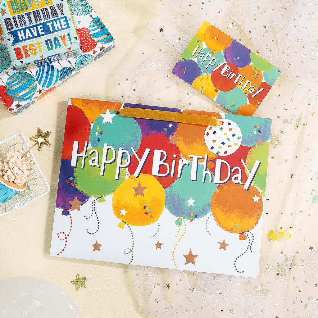Loveinside Colorful Birthday Gift Bag, Balloons Pattern with HAPPY BIRTHDAY Text, Matching Tissue Paper, Greeting Card and Tag, Ideal for Kids' Birthday Gifts, 13" x 5" x 10", 1 Pcs