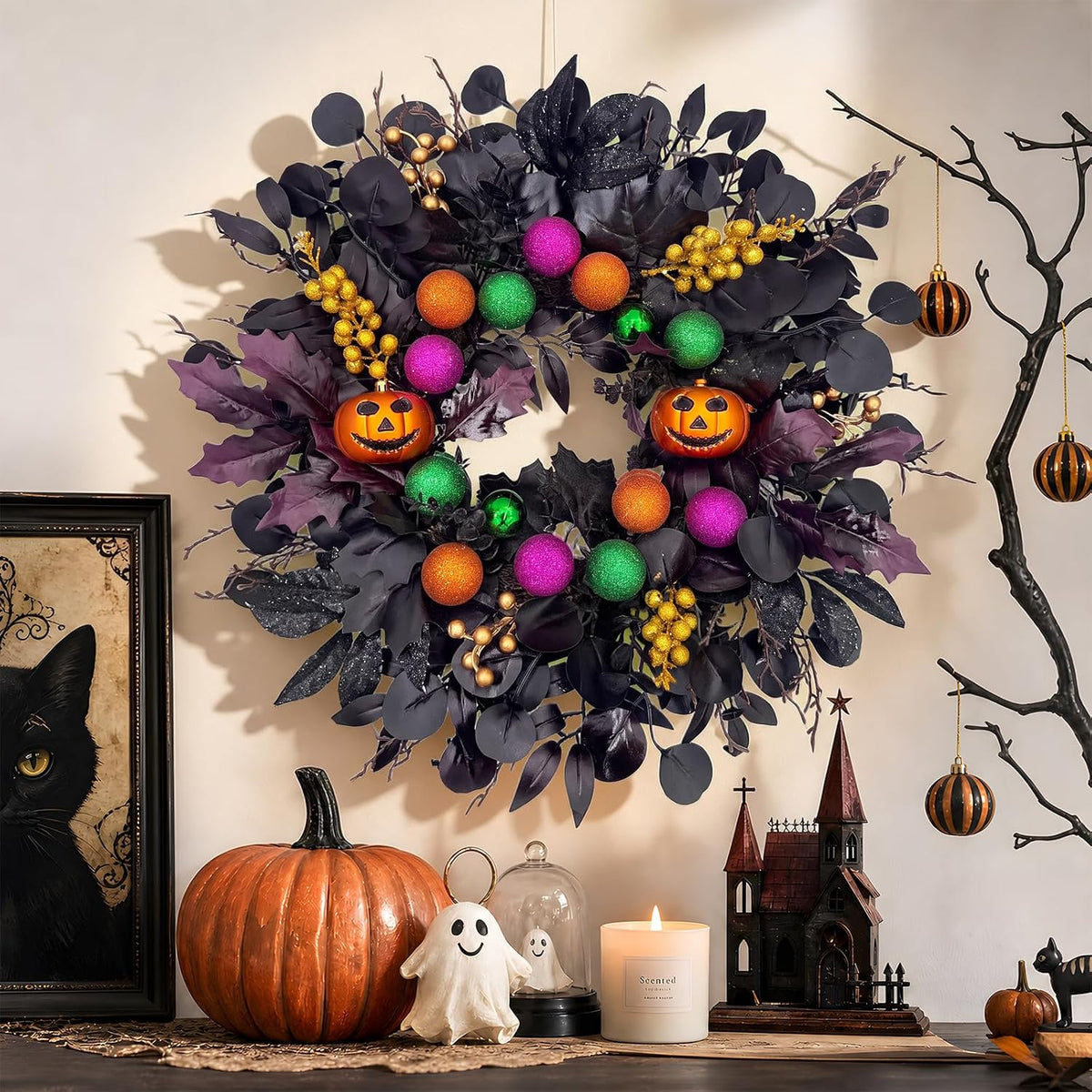 24Inch Halloween Wreath for Front Door,Pumpkins Wreath Halloween Decorations ...