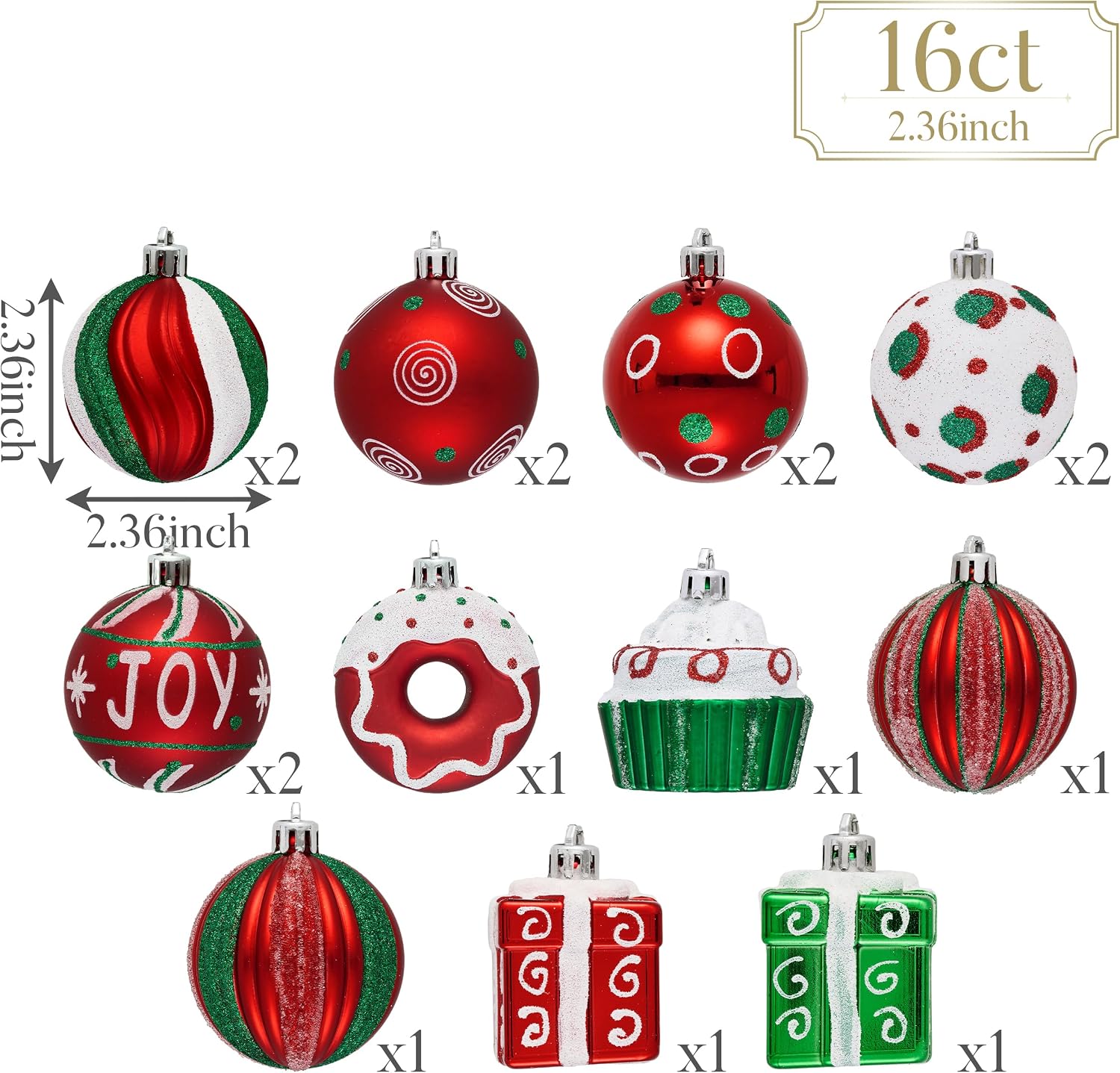 Valery Madelyn Christmas Tree Ornaments Set, 16ct Candy Cane Red Green White Shatterproof Christmas Tree Decorations Bulk, 2.36 Inch Decorative Hanging Ball Ornament for Xmas Trees Holiday Decor