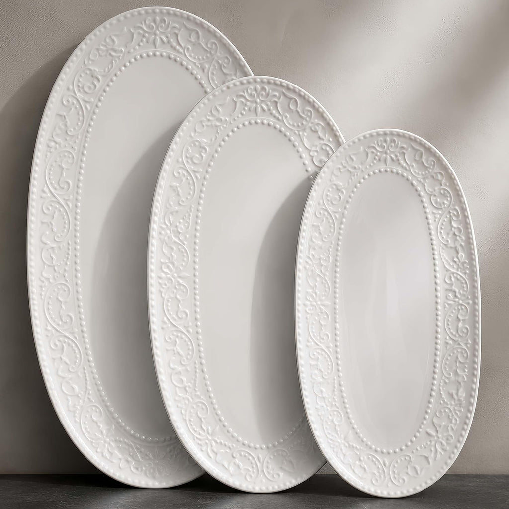 oval serving platter, 14"/12"/10" ceramic serving platters, embossed, main product view