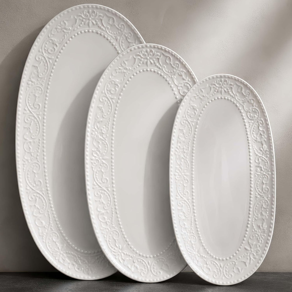 oval serving platter, 14"/12"/10" ceramic serving platters, embossed, main product view