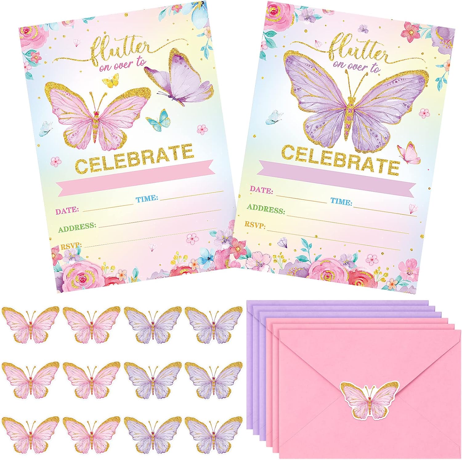 Sepamoon 24 Sets Butterfly Birthday Invitations Girl with Envelopes and Stickers, Baby Shower Invitations for Girl, Butterfly Birthday Party Invitation Cards for Children Party Supplies Favors(Purple)