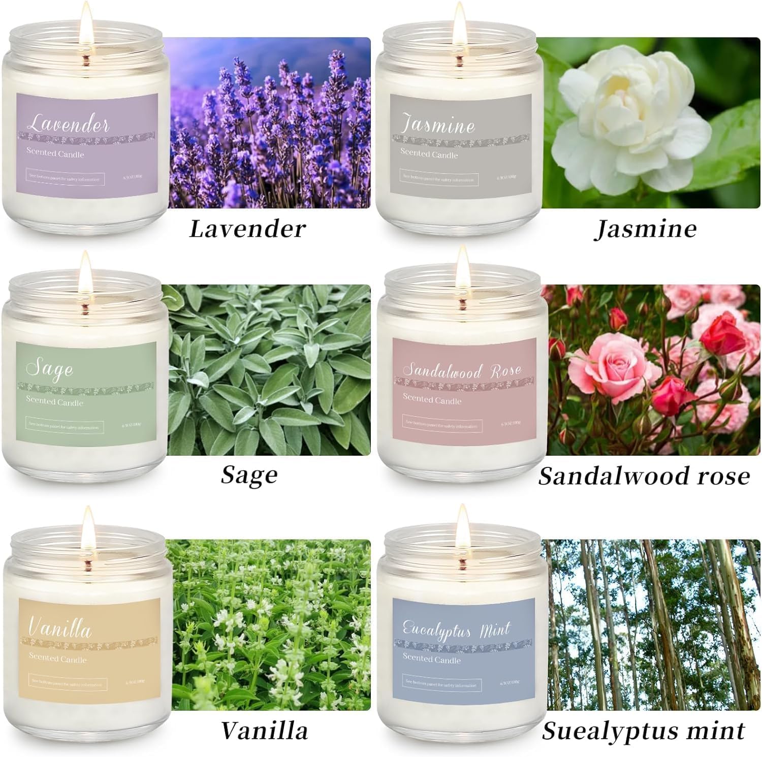 Scented Candles Gift Set, Long Lasting 6 Pack Aromatherapy Candles for Home, 42 oz 300 Hour Burn, Lavender Jasmine Vanilla Sage Sandalwood Rose Eucalyptus Mint, Gifts for Women