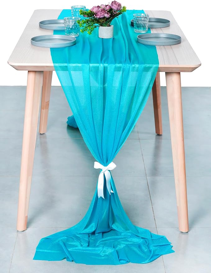 MDS 15 Pack 10ft Chiffon Table Runner 29 x 120 Inches Sheer Wedding Runner Romantic Rustic Table Runner for Wedding Decorations, Birthday Parties, Bridal Shower Party Arch Decor -Turquoise