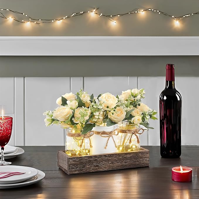 Mkono Mason Jar Lights Centerpiece Table Decor for Dining Room Farmhouse Wood Tray with 3 Jars Flowers Fall Decoration for Coffee Table Kitchen Living Room Wedding