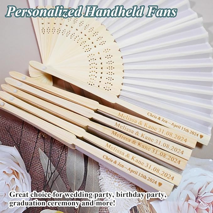 Personalized Engraved White Silk Fans Folding Hand Fans, Summer Wedding Fans, Custom Silk-Bamboo Fans Wedding Party Favor Bridal Shower Gifts (5 Pieces)