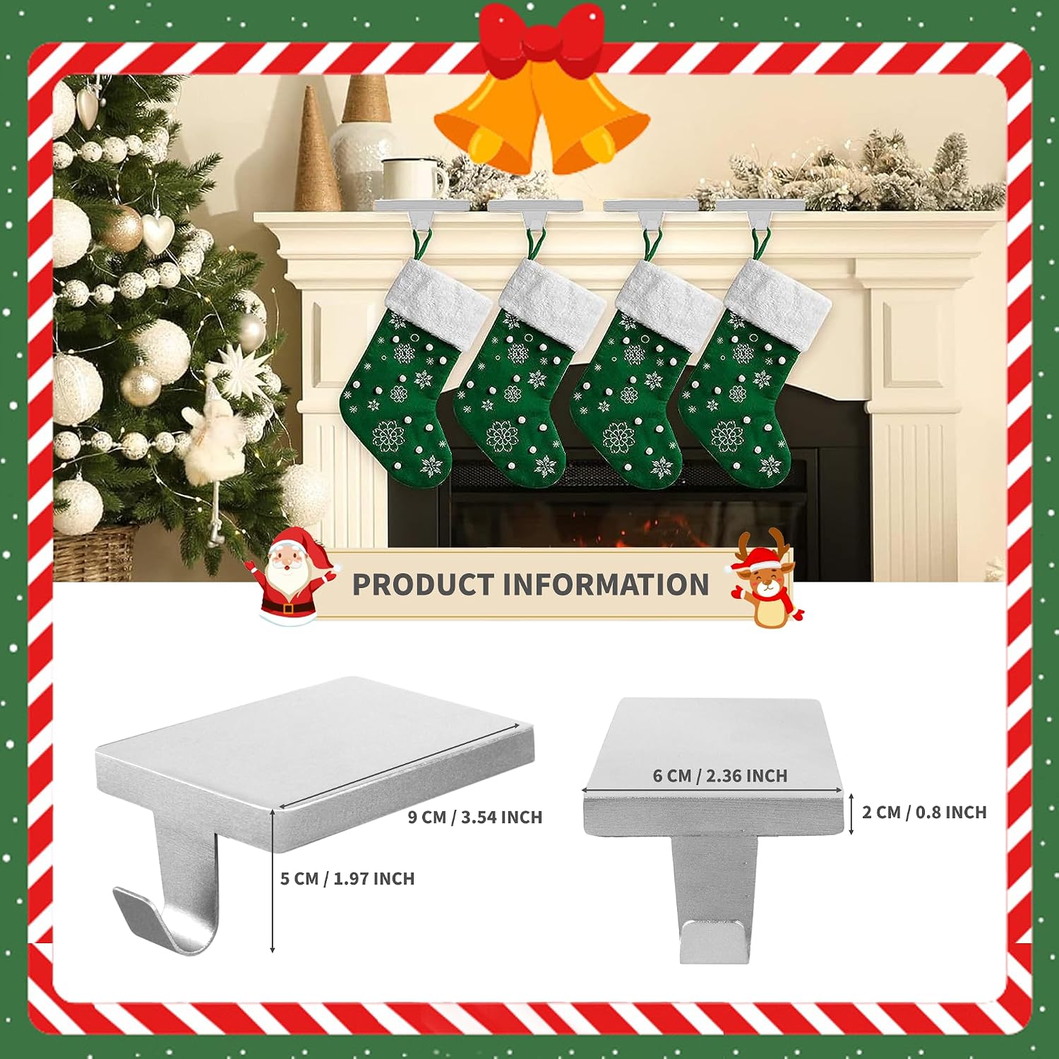 4 Pcs Christmas Stocking Holders, Mantel Stocking Hangers Metal Hanging Hooks with Protective Pads for Xmas Holiday Counter Window Home Table Silver