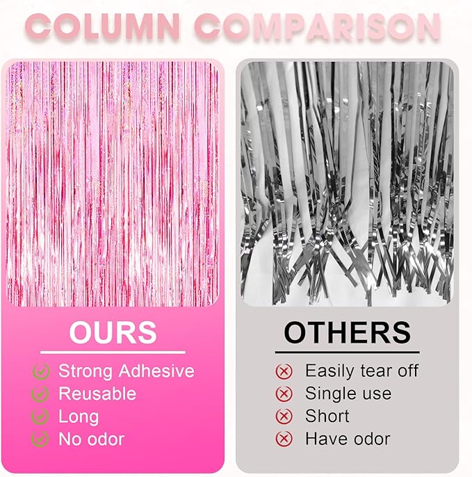 2 Pack 3.3x8.2 Feet Laser Pink Foil Fringe Backdrop Curtains, Tinsel Streamers Birthday Party Decorations, Fringe Backdrop for Graduation, Baby Shower, Gender Reveal, Disco Party