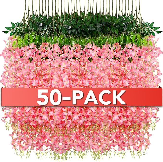 Wisteria Hanging Flowers,Fake Hanging Flowers,Wisteria artificiales Garland for Home Wedding Arch Floral Party Garden Ceremony Outdoor Decor,3.6 feet Long(50,Pink)