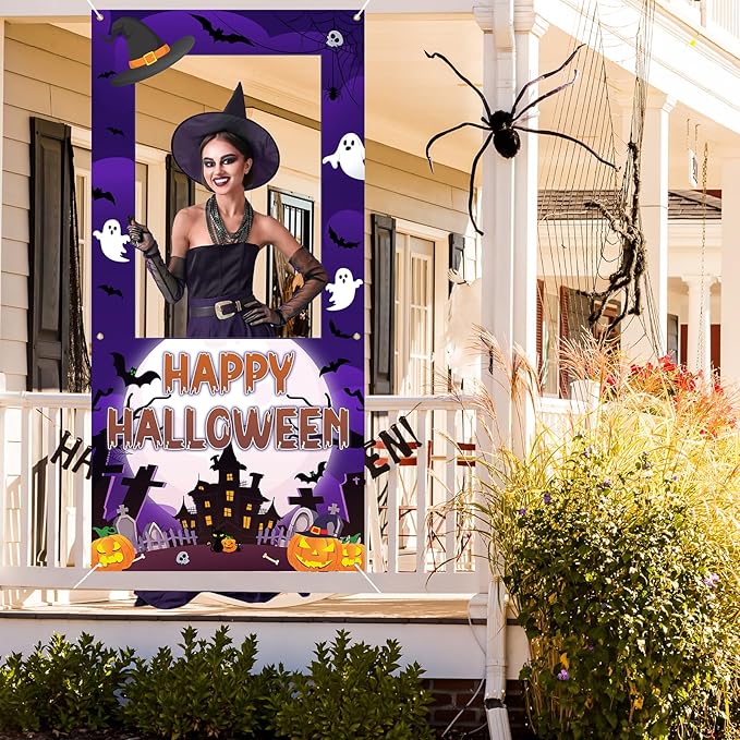 Halloween Photo Booth Props Frame Party Decorations 35 x 73Inch Halloween Picture Backdrop for Birthday Party Supplies Indoor Outdoor Decor (Purple)