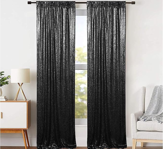 JYFLZQ Black Sequin Backdrop Curtains 2ft x 8ft 2 Panels Halloween Backdrop Glitter Photo Booth Backdrops Sparkly Photography Background Drapes for Graduation Birthday Parties