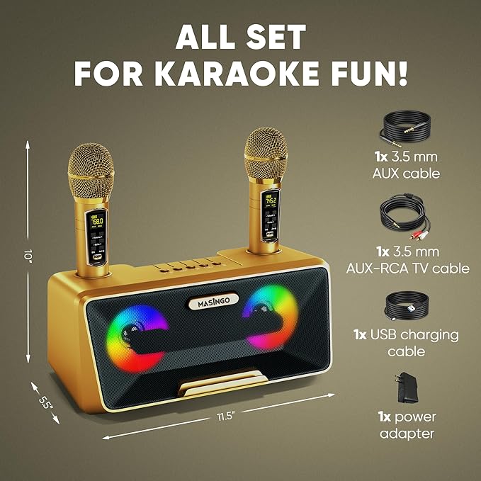 MASINGO Karaoke Machine for Adults and Kids with 2 Wireless Microphones, Portable Bluetooth Singing Speaker, Colorful LED Lights, PA System, Lyrics Display Phone Holder, and TV Cable. Presto G2 Gold
