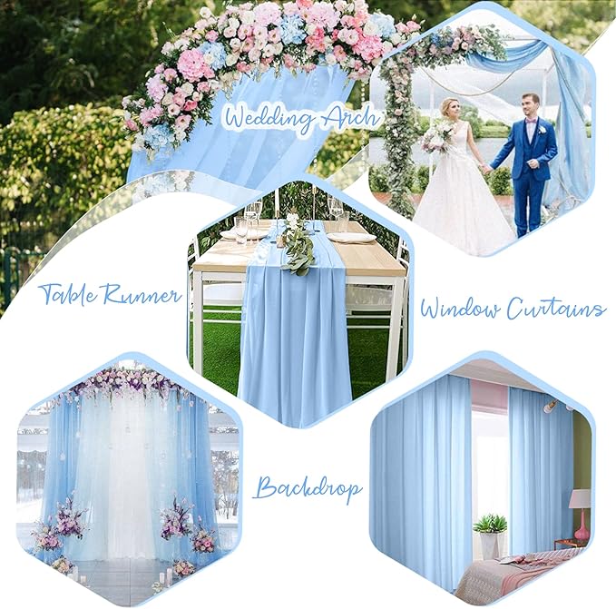 PARTISKY 10ftx10ft Blue Chiffon Sheer Backdrop Curtains, Wrinkle-Free Wedding Backdrop Drapes for Birthday Party Ceremony Arch Stage Decor Background for Photography 5ft x 10ft,2 Panels