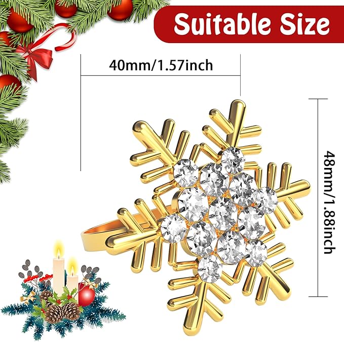 Halatool Christmas Napkin Rings Set of 6, Gold Snowflake with White Rhinestone Napkin Holder for Christmas Thanksgiving Winter Holiday Place Setting, Weddings, Party Table Decoration