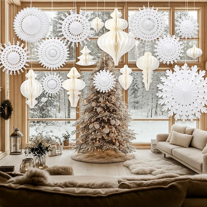 Cinnvoice 16 Pcs White Paper Snowflake Decorations 12 Pcs Christmas Paper Honeycomb Balls Ornaments Xmas Hanging Decorations Birthday Party Supplies for Christmas Tree Winter Party Wonderland
