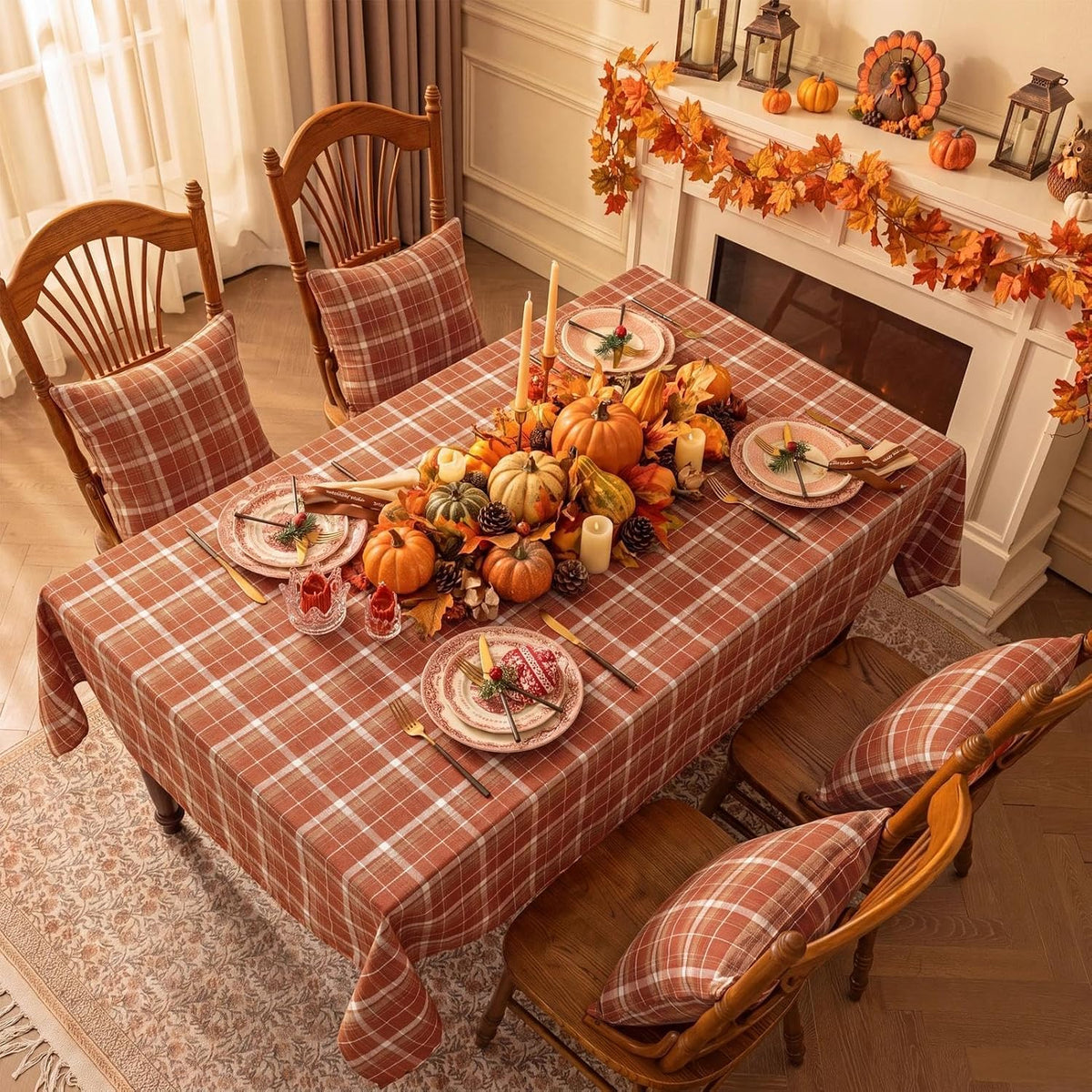 Softalker Fall Checkered Tablecloth Rectangle, Orange, 60 x 84 Inch