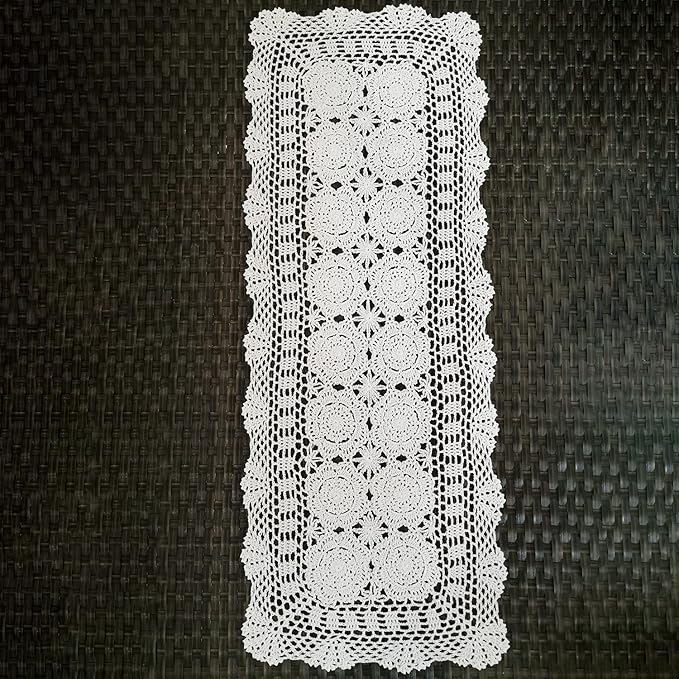 Phantomon Lace Table Runner Rectangular Table Cover Cloth Handmade Crochet Floral Placemats 100% Cotton (Floral White, 15x39Inch)